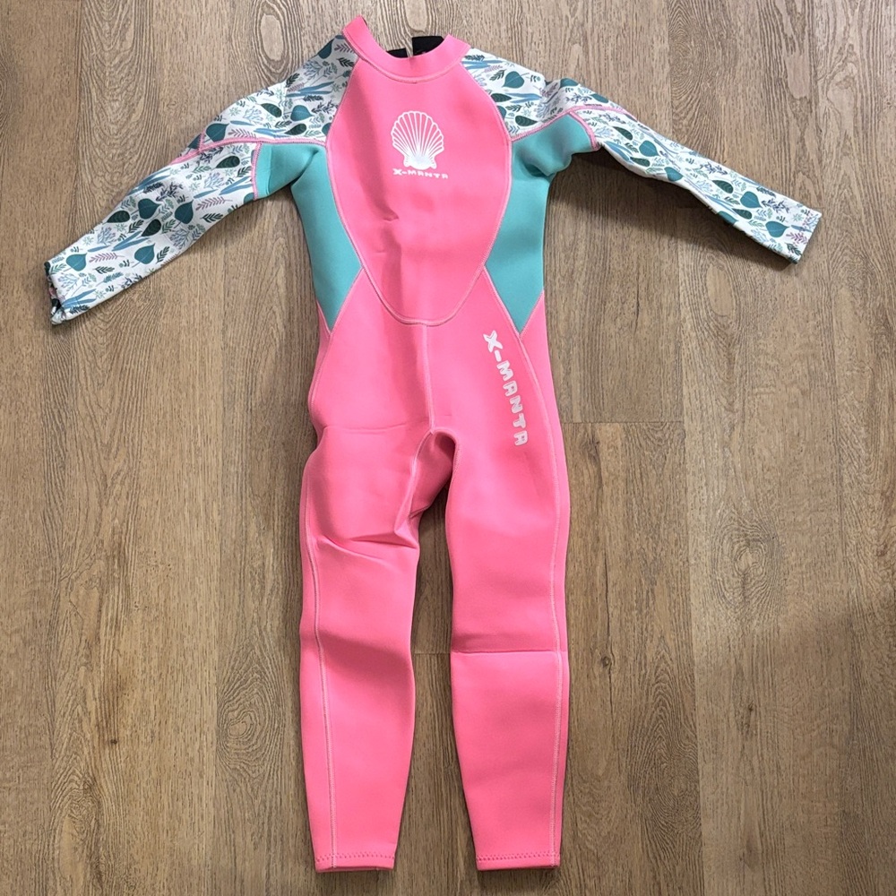 Kids Pink Teal Shell Print Full-Body Wetsuit